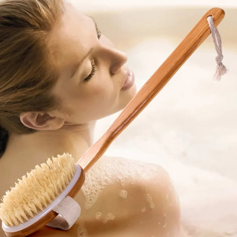 Natural Bath Brush with Long Wooden Handle Shower Body Brush Shower Back Scrubber Bath Sponge for Body Cleaning