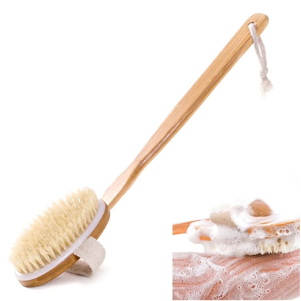 Natural Bath Brush with Long Wooden Handle Shower Body Brush Shower Back Scrubber Bath Sponge for Body Cleaning